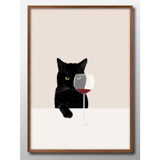 アート ポスター おしゃれ 絵画 インテリア 12511ワインと猫 黒猫 A3サイズ 北欧 イラスト マット紙 管理ID:の画像