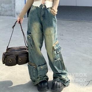 デニム カーゴ パンツ ジーンズ ポケット 韓国 ストリート系 グランジ Y2K ダンス 衣装 ヒップホップ K-POP レディース 8J-13の画像