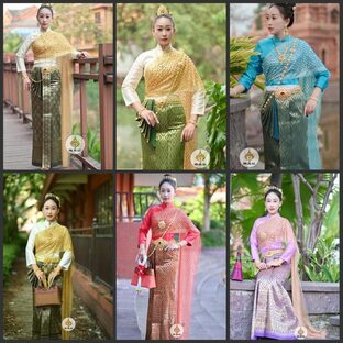 高級タイ民族ドレス東南アジア民族衣装女性正装礼服レディース 伝統的な花柄 上着 スカート豪華おしゃれシワーライ 三点セットの画像