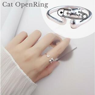 指輪 リング 猫 cat オープンリング レディース アクセサリー ジュエリー サイズ調節可能 キャット かわいい シルバーカラー シルエットの画像