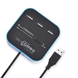 USB2.0 コンボ カードリーダー USBハブ ブルー 3ポート micro SD メモリースティック MMC _の画像