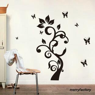 ウォールステッカー壁紙 シール 植物 木 壁紙 黒 ブラック 森 葉 かわいい 剥がせる 清楚 ちょうちょ 蝶 ウォールデコレーション 壁面装飾 オシの画像