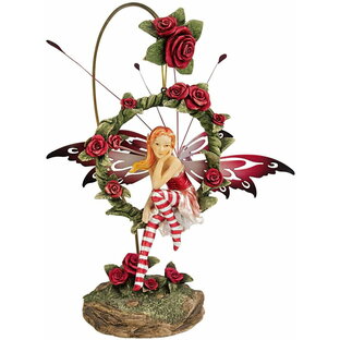 ラディアント・ローズ（輝く薔薇）の輪に座った妖精フェアリーの彫像 スタンド付き彫刻/カフェ サロン 装飾デコール 贈り物（輸入品）の画像