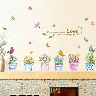 ウォールステッカー 花 鉢植え植木鉢 蝶々と小鳥 壁紙シール 剥がせる 壁飾りウォールステッカー 木 植物 グリーン 緑 インテリアシール壁飾りの画像