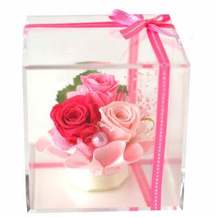 Azurosa プリザーブドフラワー ギフト枯れない花 バラ アジサイ クリアキューブ ピンクの画像