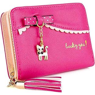 リボン財布 サイフ 女の子 二つ折り 猫 軽量 可愛い 子供 お祝い 折りたたみ財布( ピンク)の画像