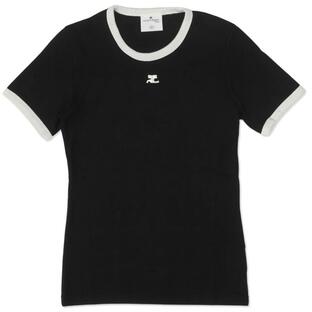 COURREGES クレージュ シグニチャーコントラスト半袖Tシャツ コットン ロゴ VESJTS017JS0070 9901 BLACK/HERITAGE WHITEの画像