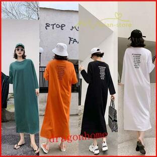 ワンピース 長袖 秋物 レディース Tシャツワンピース ロングTシャツ 長袖Tシャツ 長袖ワンピース ストレート ロング丈 ミモレ丈 部屋着の画像