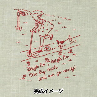 ルシアン 刺しゅうを楽しむプリントクロス Artist Collection 高橋 亜紀 公園に行こう オリーブグリーンの画像