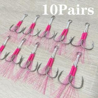 釣り用の金属製ジグ釣り針,2本の糸が付いた羽,スロージギング用,コイ,ピンク,10ペアの画像