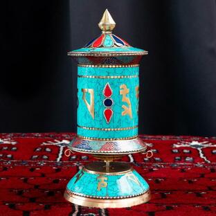 送料無料 マニ車 チベット 宗教用品 (高品質)ターコイズ装飾マニ車 高さ：約21cm 仏具 吉祥文様 アジアの画像