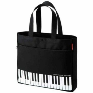 Pianoline ピアノレッスンバッグ マチあり（鍵盤柄）ファスナーポケット付き 音楽トートバッグ (ブラック)の画像