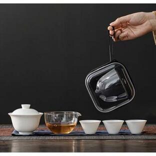 旅行茶具 茶道具 茶道 煎茶 中国茶 台湾茶 茶器 蓋碗 茶杯 公道杯 ケース 4点セットの画像