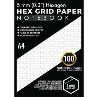 5mm Hexagons (0.2") Hex Grid Paper Notebook A4: Edge to Edge Printed Grey Colour Hexagonal Graph | 100 Numbered Pages (50 Double Sided Sheets) with Table of Contents | Organic / Bio - Chemistry, Drawing RPG War Gaming Maps & Terrains, Quilt Designの画像