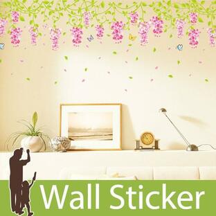 ウォールステッカー 壁 花 ふじの花と蝶 貼ってはがせる のりつき 壁紙シール ウォールシール 植物 木 花 宅Cの画像