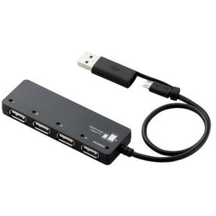 エレコム USBハブ 2.0 4ポート バスパワー マイクロBコネクタ搭載 変換アダプタ付 ケーブル一体型 1個の画像
