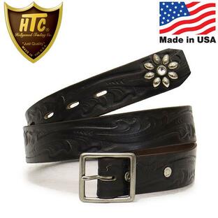 HTC(Hollywood Trading Company) Belt EMB12 End Only #Flower ST 1.25インチ ベルト ブラックレザーxシルバースタッズxクリアストーンの画像