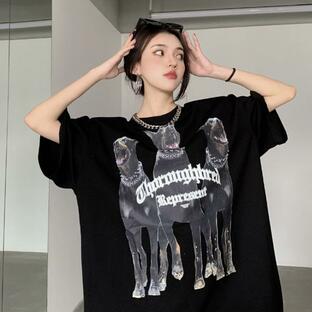 Tシャツ DOGプリント ビッグシルエットT 半袖T 犬 ドーベルマン ロゴ 黒 ブラック ダンス ヒップホップ 韓国ファッション 大きいサイズ トップスの画像