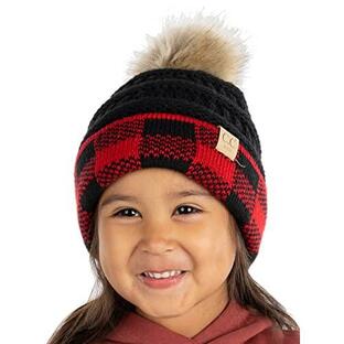 Funky Junque Girl's Knit Pom Beanie Hat: バッファロー チェック - ブラック/レッド 並行輸入の画像