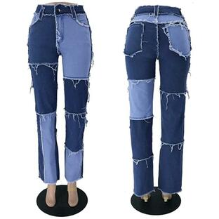 夏と秋の新しいファッショントレンドの混合カラーステッチの高い腰のきつい腰の女性のストレートデニムのズボン(sc07049)の画像